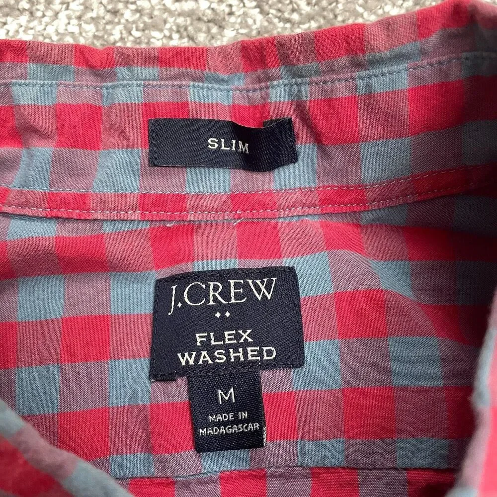 J.Crew Flex Washed Slim Fit Shirt Mens Medium Red Blue Plaid Long Sleeve Casual